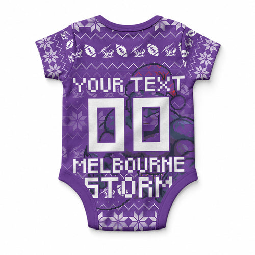 Personalized Melbourne Storm Christmas Baby Onesie Australian Rugby Fans - Pixelated Ugly Xmas Pattern Mascot Santa