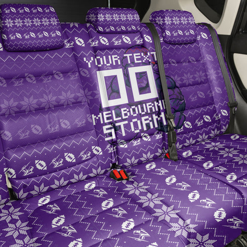 Personalized Melbourne Storm Christmas Back Car Seat Cover Australian Rugby Fans - Pixelated Ugly Xmas Pattern Mascot Santa