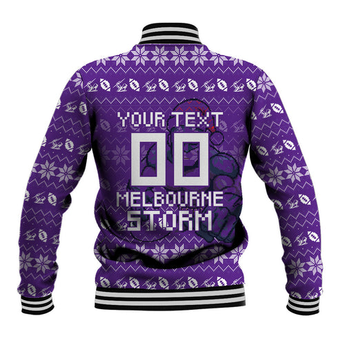 Personalized Melbourne Storm Christmas Baseball Jacket Australian Rugby Fans - Pixelated Ugly Xmas Pattern Mascot Santa
