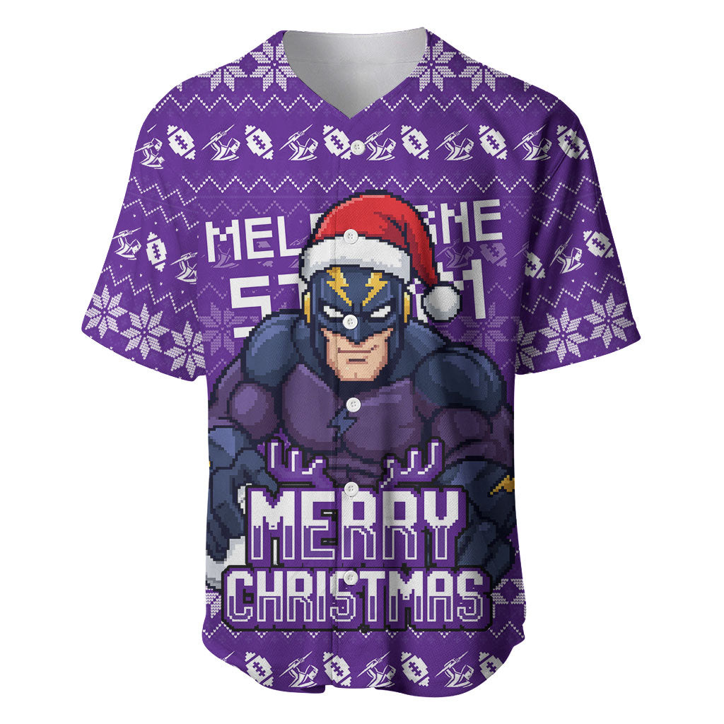 Personalized Melbourne Storm Christmas Baseball Jersey Australian Rugby Fans - Pixelated Ugly Xmas Pattern Mascot Santa