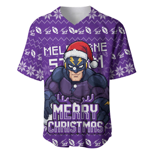 Personalized Melbourne Storm Christmas Baseball Jersey Australian Rugby Fans - Pixelated Ugly Xmas Pattern Mascot Santa