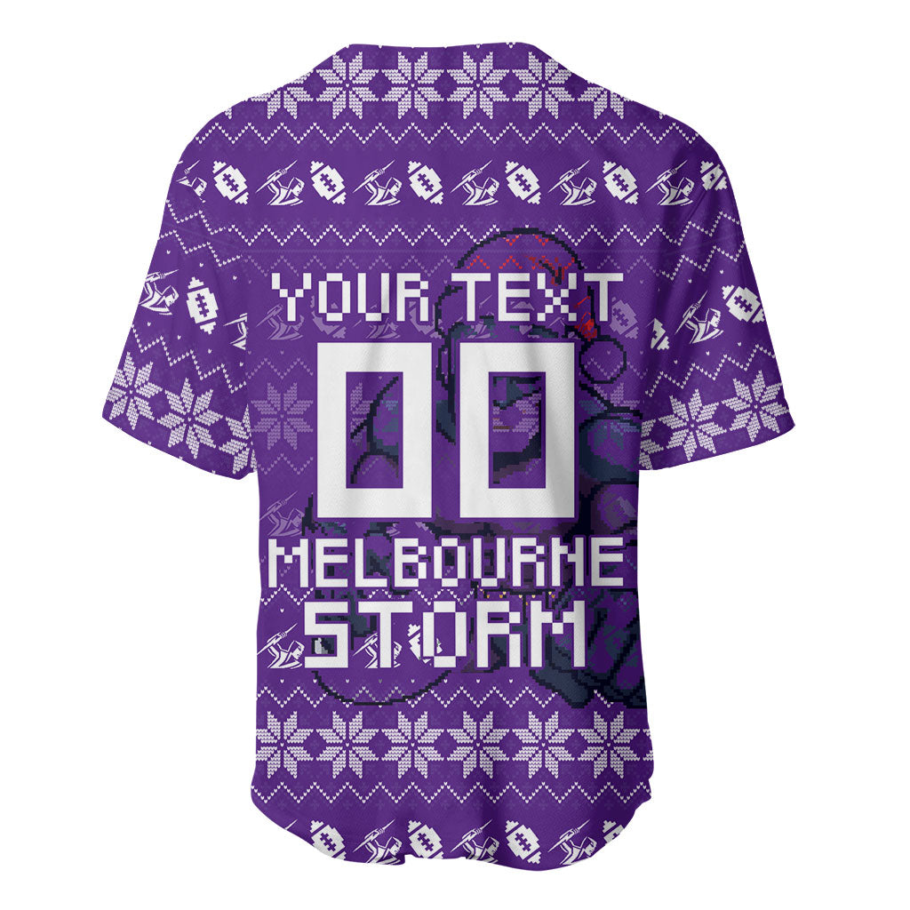 Personalized Melbourne Storm Christmas Baseball Jersey Australian Rugby Fans - Pixelated Ugly Xmas Pattern Mascot Santa