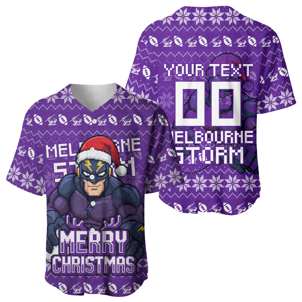 Personalized Melbourne Storm Christmas Baseball Jersey Australian Rugby Fans - Pixelated Ugly Xmas Pattern Mascot Santa
