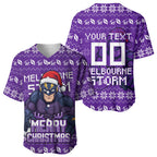 Personalized Melbourne Storm Christmas Baseball Jersey Australian Rugby Fans - Pixelated Ugly Xmas Pattern Mascot Santa