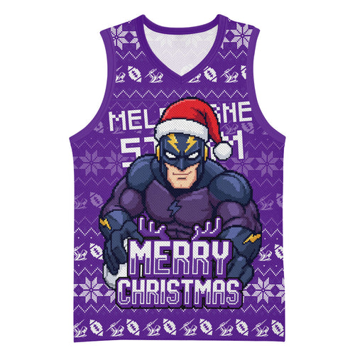 Personalized Melbourne Storm Christmas Basketball Jersey Australian Rugby Fans - Pixelated Ugly Xmas Pattern Mascot Santa