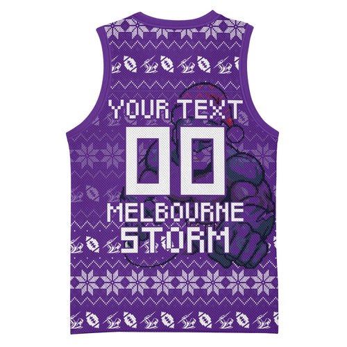 Personalized Melbourne Storm Christmas Basketball Jersey Australian Rugby Fans - Pixelated Ugly Xmas Pattern Mascot Santa