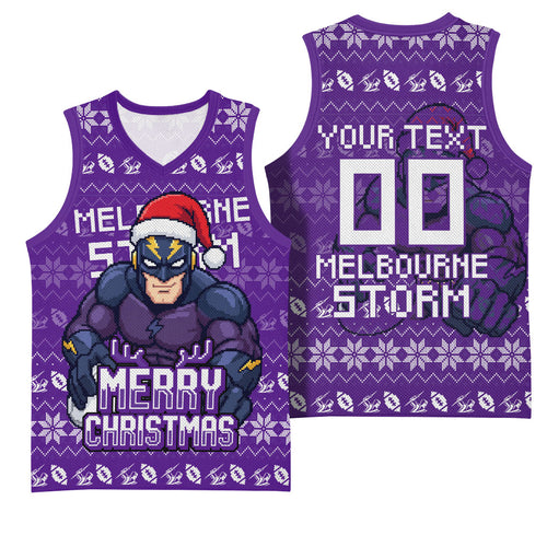 Personalized Melbourne Storm Christmas Basketball Jersey Australian Rugby Fans - Pixelated Ugly Xmas Pattern Mascot Santa