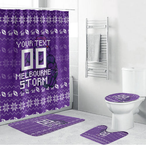 Personalized Melbourne Storm Christmas Bathroom Set Australian Rugby Fans - Pixelated Ugly Xmas Pattern Mascot Santa