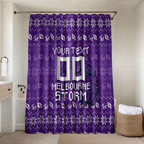 Personalized Melbourne Storm Christmas Bathroom Set Australian Rugby Fans - Pixelated Ugly Xmas Pattern Mascot Santa