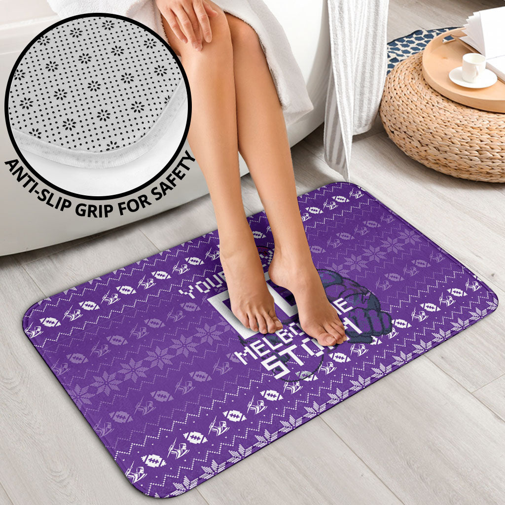 Personalized Melbourne Storm Christmas Bathroom Set Australian Rugby Fans - Pixelated Ugly Xmas Pattern Mascot Santa