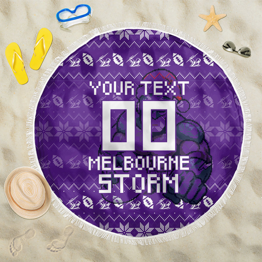 Personalized Melbourne Storm Christmas Beach Blanket Australian Rugby Fans - Pixelated Ugly Xmas Pattern Mascot Santa
