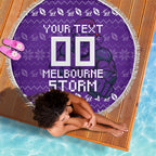 Personalized Melbourne Storm Christmas Beach Blanket Australian Rugby Fans - Pixelated Ugly Xmas Pattern Mascot Santa