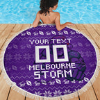 Personalized Melbourne Storm Christmas Beach Blanket Australian Rugby Fans - Pixelated Ugly Xmas Pattern Mascot Santa