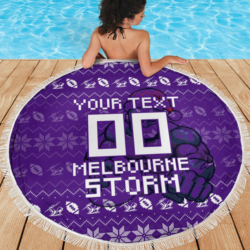 Personalized Melbourne Storm Christmas Beach Blanket Australian Rugby Fans - Pixelated Ugly Xmas Pattern Mascot Santa