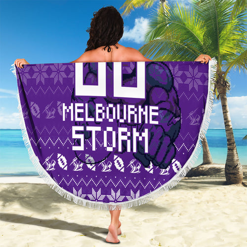 Personalized Melbourne Storm Christmas Beach Blanket Australian Rugby Fans - Pixelated Ugly Xmas Pattern Mascot Santa