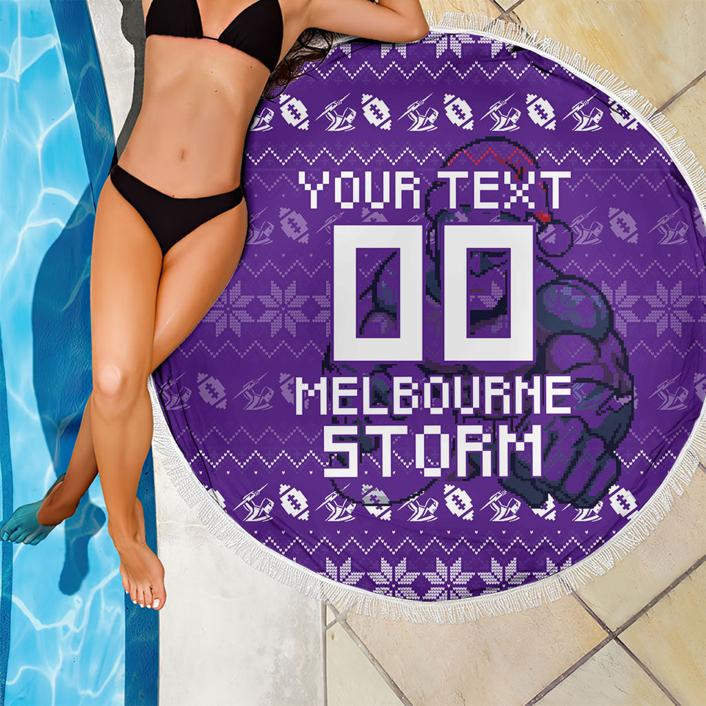 Personalized Melbourne Storm Christmas Beach Blanket Australian Rugby Fans - Pixelated Ugly Xmas Pattern Mascot Santa