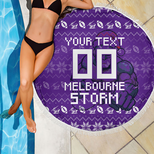 Personalized Melbourne Storm Christmas Beach Blanket Australian Rugby Fans - Pixelated Ugly Xmas Pattern Mascot Santa