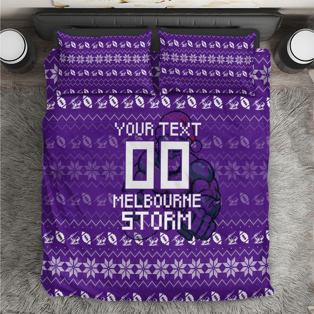 Personalized Melbourne Storm Christmas Bedding Set Australian Rugby Fans - Pixelated Ugly Xmas Pattern Mascot Santa