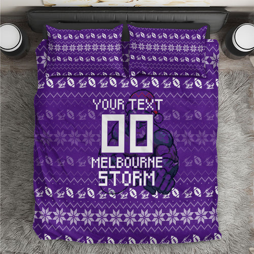 Personalized Melbourne Storm Christmas Bedding Set Australian Rugby Fans - Pixelated Ugly Xmas Pattern Mascot Santa
