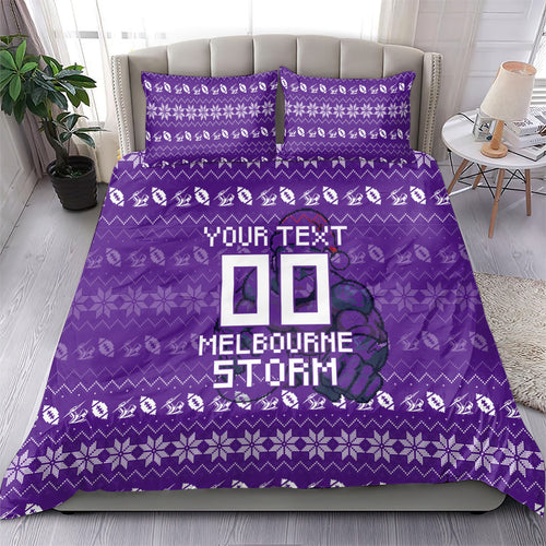 Personalized Melbourne Storm Christmas Bedding Set Australian Rugby Fans - Pixelated Ugly Xmas Pattern Mascot Santa