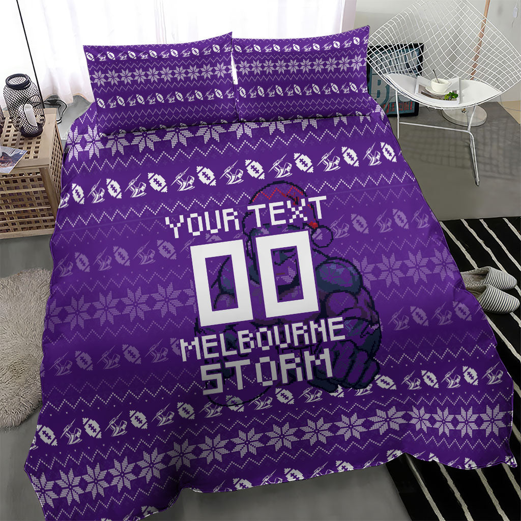 Personalized Melbourne Storm Christmas Bedding Set Australian Rugby Fans - Pixelated Ugly Xmas Pattern Mascot Santa