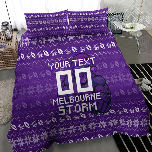 Personalized Melbourne Storm Christmas Bedding Set Australian Rugby Fans - Pixelated Ugly Xmas Pattern Mascot Santa