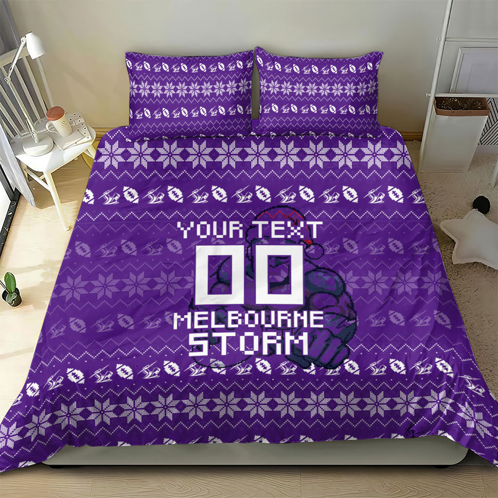 Personalized Melbourne Storm Christmas Bedding Set Australian Rugby Fans - Pixelated Ugly Xmas Pattern Mascot Santa
