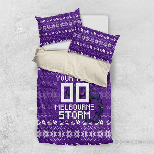 Personalized Melbourne Storm Christmas Bedding Set Australian Rugby Fans - Pixelated Ugly Xmas Pattern Mascot Santa