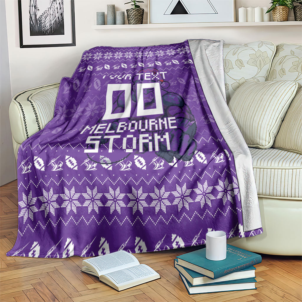 Personalized Melbourne Storm Christmas Blanket Australian Rugby Fans - Pixelated Ugly Xmas Pattern Mascot Santa