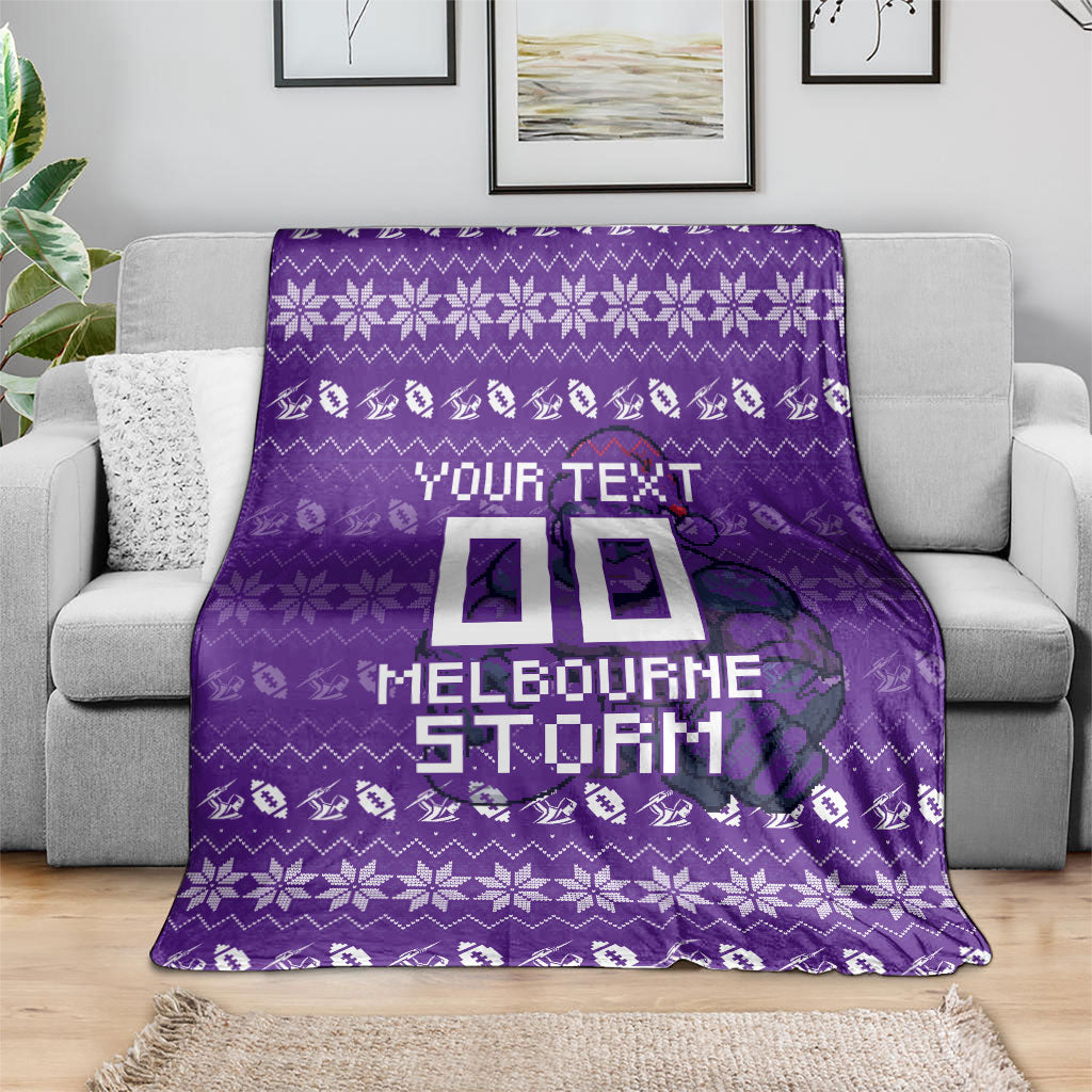 Personalized Melbourne Storm Christmas Blanket Australian Rugby Fans - Pixelated Ugly Xmas Pattern Mascot Santa