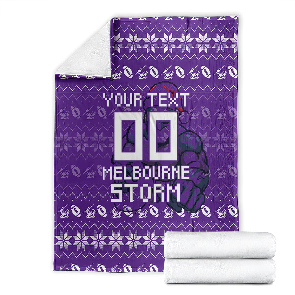 Personalized Melbourne Storm Christmas Blanket Australian Rugby Fans - Pixelated Ugly Xmas Pattern Mascot Santa