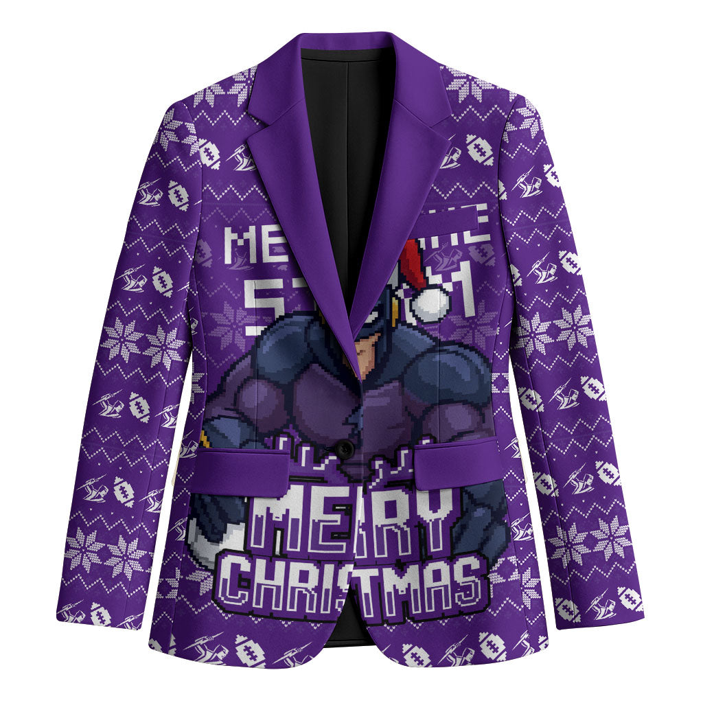 Personalized Melbourne Storm Christmas Blazer Australian Rugby Fans - Pixelated Ugly Xmas Pattern Mascot Santa