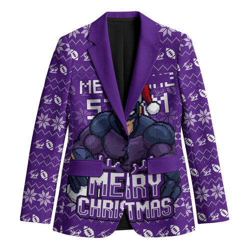 Personalized Melbourne Storm Christmas Blazer Australian Rugby Fans - Pixelated Ugly Xmas Pattern Mascot Santa