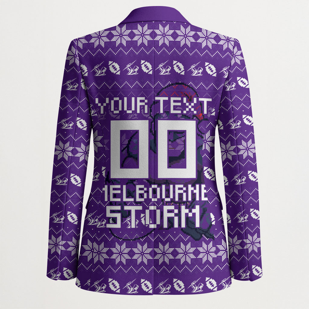 Personalized Melbourne Storm Christmas Blazer Australian Rugby Fans - Pixelated Ugly Xmas Pattern Mascot Santa