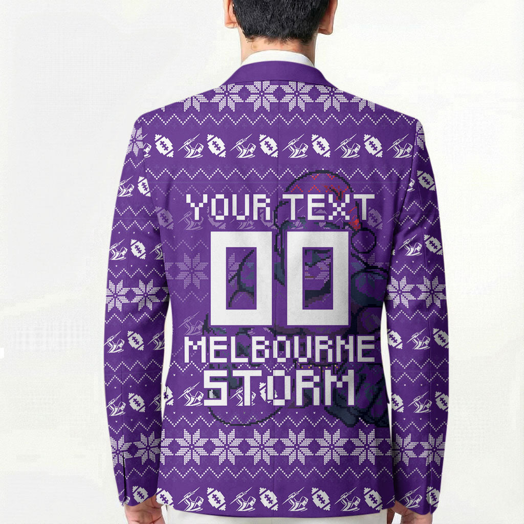 Personalized Melbourne Storm Christmas Blazer Australian Rugby Fans - Pixelated Ugly Xmas Pattern Mascot Santa