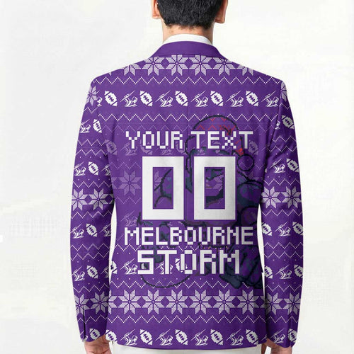 Personalized Melbourne Storm Christmas Blazer Australian Rugby Fans - Pixelated Ugly Xmas Pattern Mascot Santa