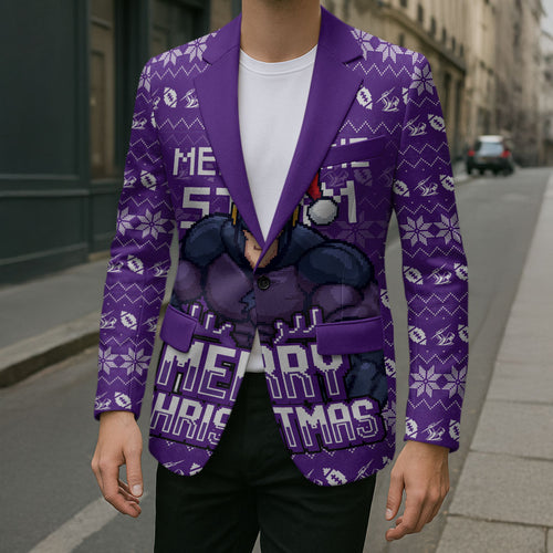 Personalized Melbourne Storm Christmas Blazer Australian Rugby Fans - Pixelated Ugly Xmas Pattern Mascot Santa