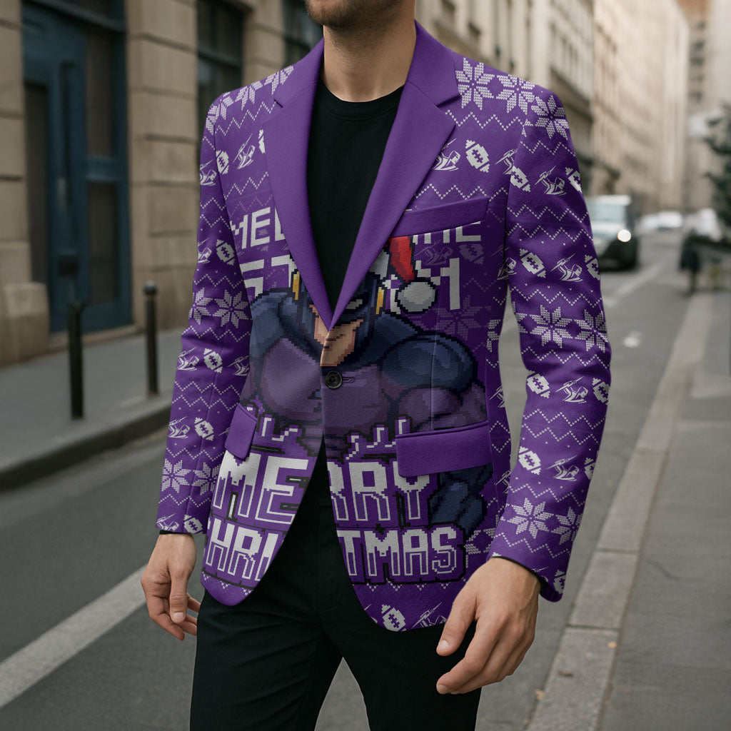 Personalized Melbourne Storm Christmas Blazer Australian Rugby Fans - Pixelated Ugly Xmas Pattern Mascot Santa