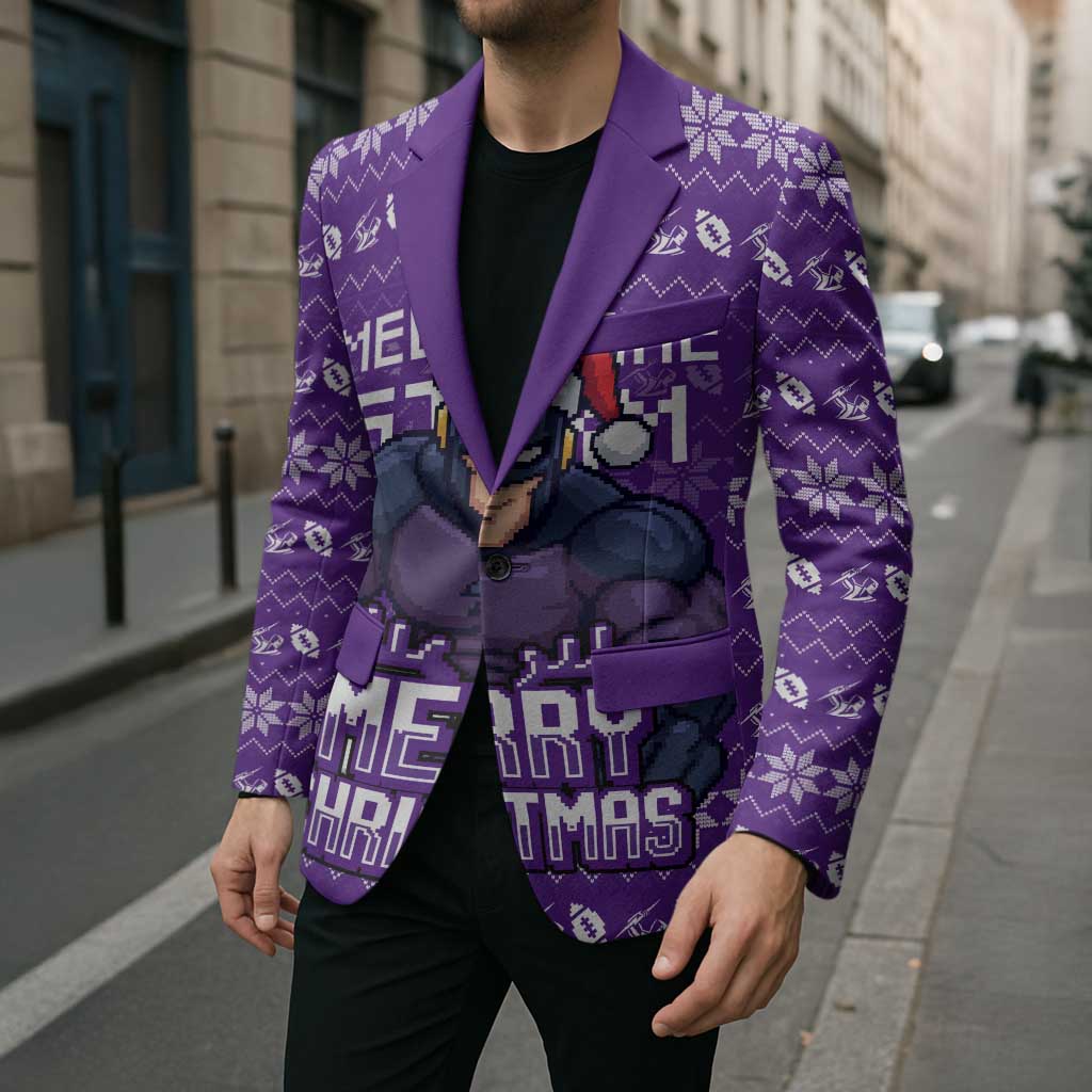 Personalized Melbourne Storm Christmas Blazer Australian Rugby Fans - Pixelated Ugly Xmas Pattern Mascot Santa