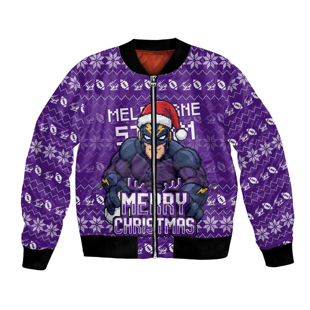 Personalized Melbourne Storm Christmas Bomber Jacket Australian Rugby Fans - Pixelated Ugly Xmas Pattern Mascot Santa