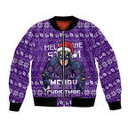 Personalized Melbourne Storm Christmas Bomber Jacket Australian Rugby Fans - Pixelated Ugly Xmas Pattern Mascot Santa