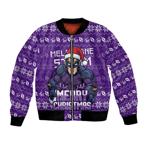 Personalized Melbourne Storm Christmas Bomber Jacket Australian Rugby Fans - Pixelated Ugly Xmas Pattern Mascot Santa