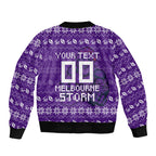Personalized Melbourne Storm Christmas Bomber Jacket Australian Rugby Fans - Pixelated Ugly Xmas Pattern Mascot Santa