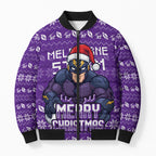 Personalized Melbourne Storm Christmas Bomber Puffer Jacket Australian Rugby Fans - Pixelated Ugly Xmas Pattern Mascot Santa