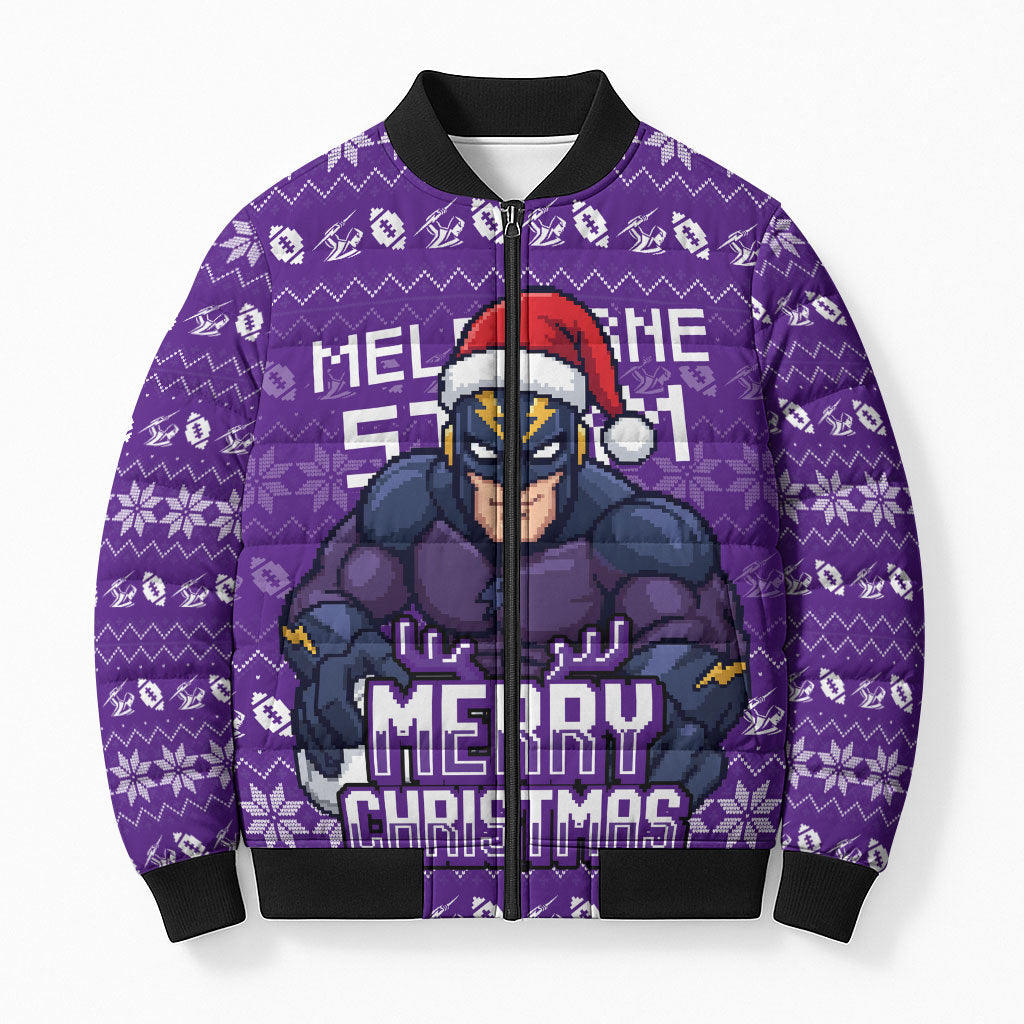 Personalized Melbourne Storm Christmas Bomber Puffer Jacket Australian Rugby Fans - Pixelated Ugly Xmas Pattern Mascot Santa