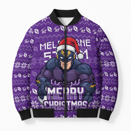 Personalized Melbourne Storm Christmas Bomber Puffer Jacket Australian Rugby Fans - Pixelated Ugly Xmas Pattern Mascot Santa