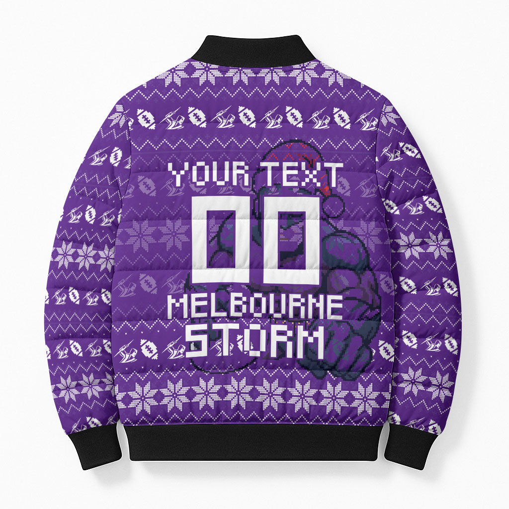 Personalized Melbourne Storm Christmas Bomber Puffer Jacket Australian Rugby Fans - Pixelated Ugly Xmas Pattern Mascot Santa