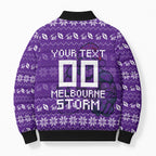 Personalized Melbourne Storm Christmas Bomber Puffer Jacket Australian Rugby Fans - Pixelated Ugly Xmas Pattern Mascot Santa