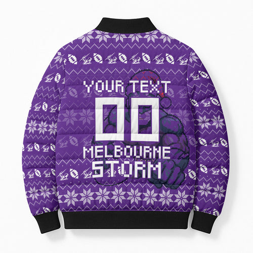 Personalized Melbourne Storm Christmas Bomber Puffer Jacket Australian Rugby Fans - Pixelated Ugly Xmas Pattern Mascot Santa
