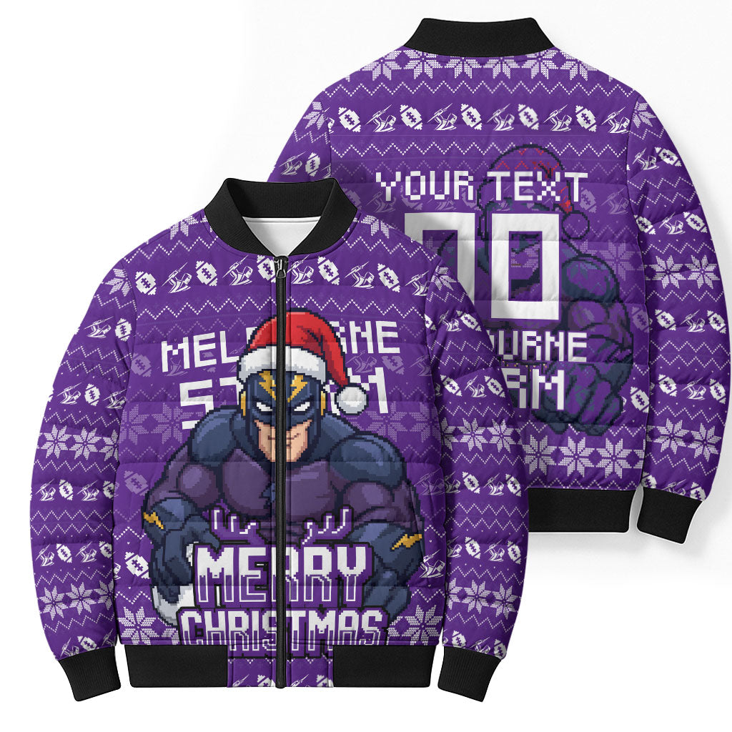 Personalized Melbourne Storm Christmas Bomber Puffer Jacket Australian Rugby Fans - Pixelated Ugly Xmas Pattern Mascot Santa
